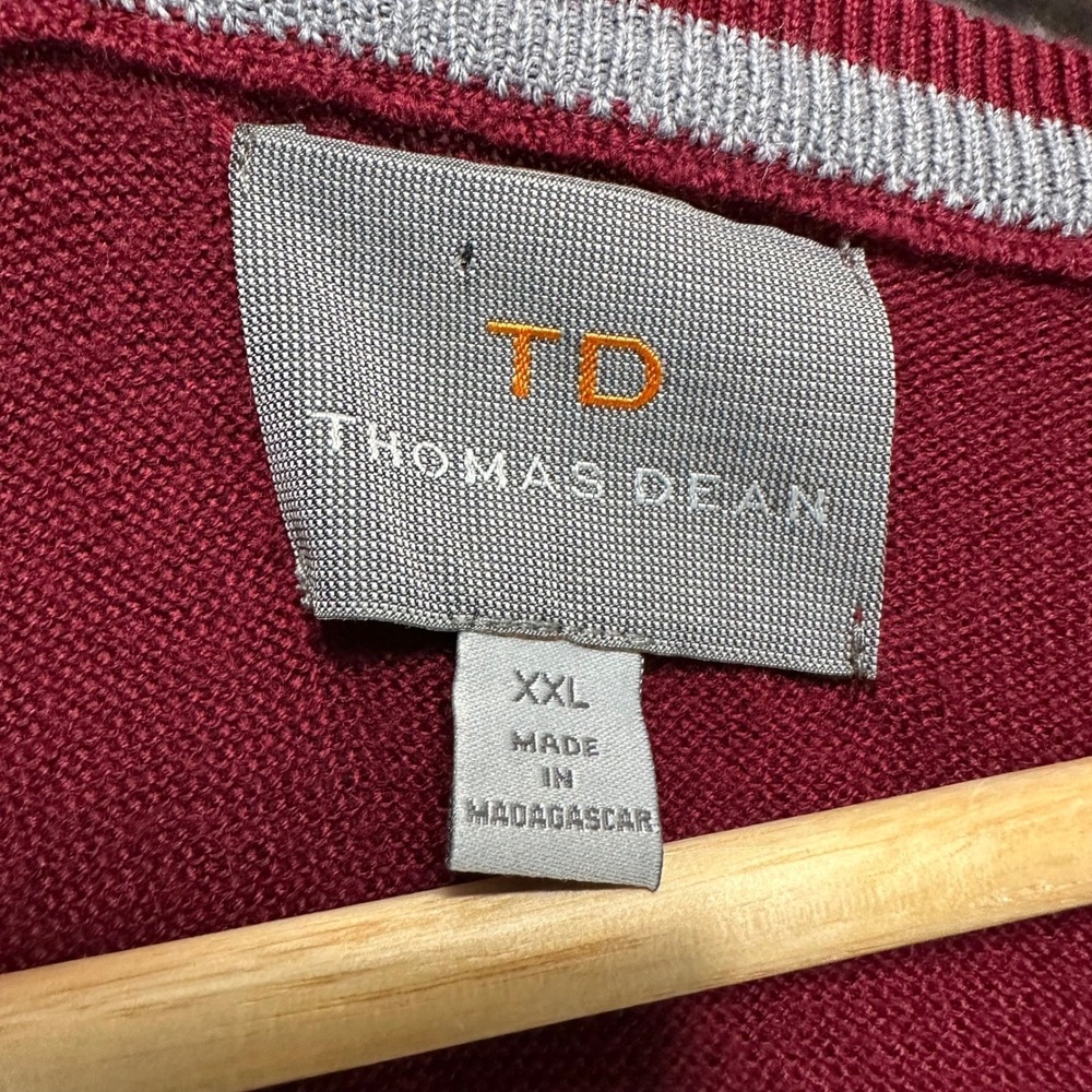 Thomas Dean Mens XXL Burgundy 100% Extra Fine Merino Wool V-Neck Sweater Red - Picture 6 of 7